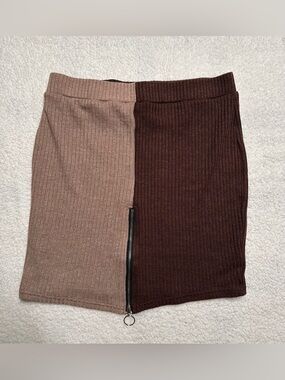 SHEIN Two-Tone Ribbed Pencil Skirt in Taupe & Dark Brown